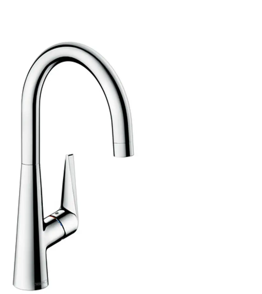 Hansgrohe Spültischmischer in chrom, mit einem hohen Bogen. Der Bedienhebel befindet sich seitlich am Körper des Mischers. Ideal für Küchenanwendungen.